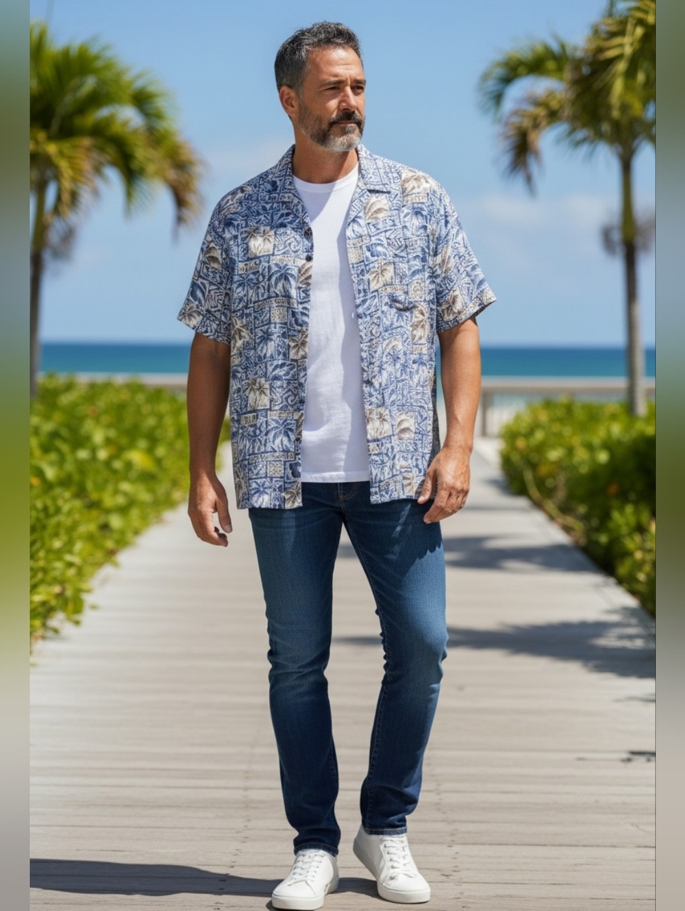Campia, Tropical Print Men's Casual Button Up Shirt, EUC